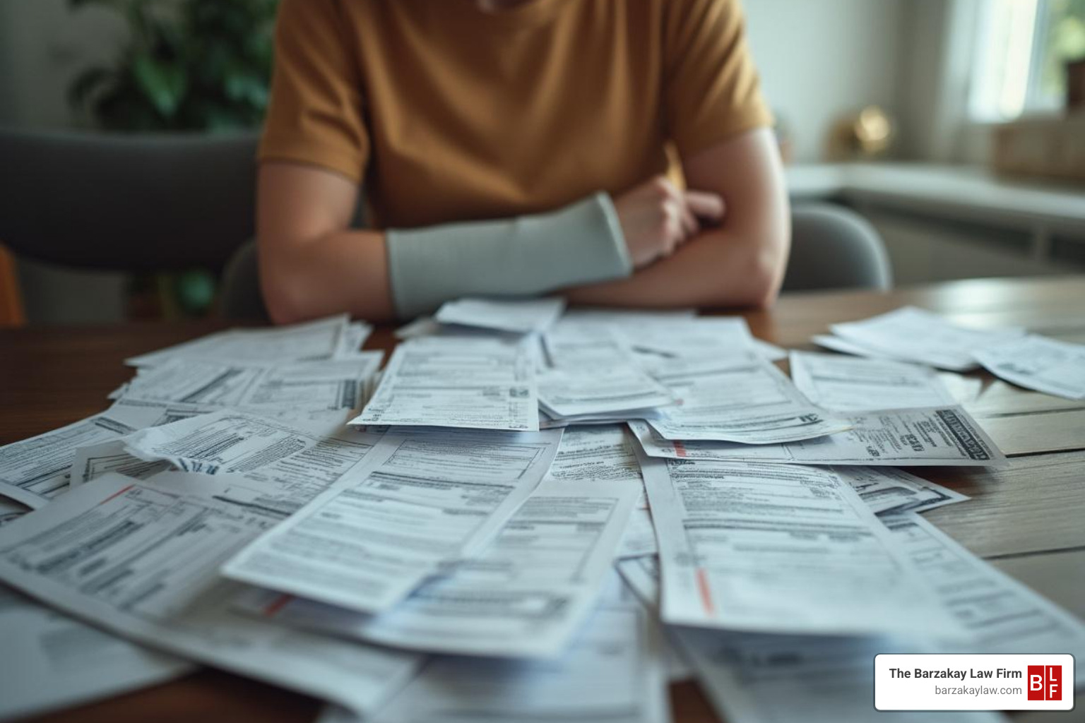 Person with cast on arm looking at pile of medical bills - slip and fall legal advice