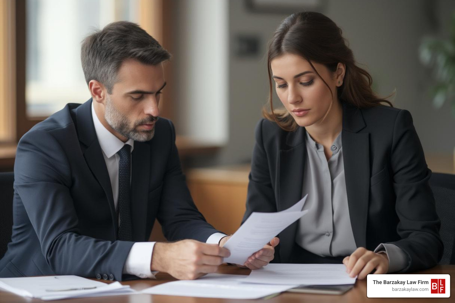 Lawyer and client sitting at table reviewing documents - slip and fall legal advice