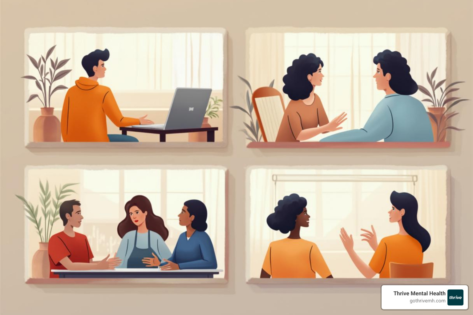 Illustration showing various virtual therapy services: individual therapy, couple's counseling, group therapy, and telepsychiatry, all via video calls - Indiana Virtual Therapy
