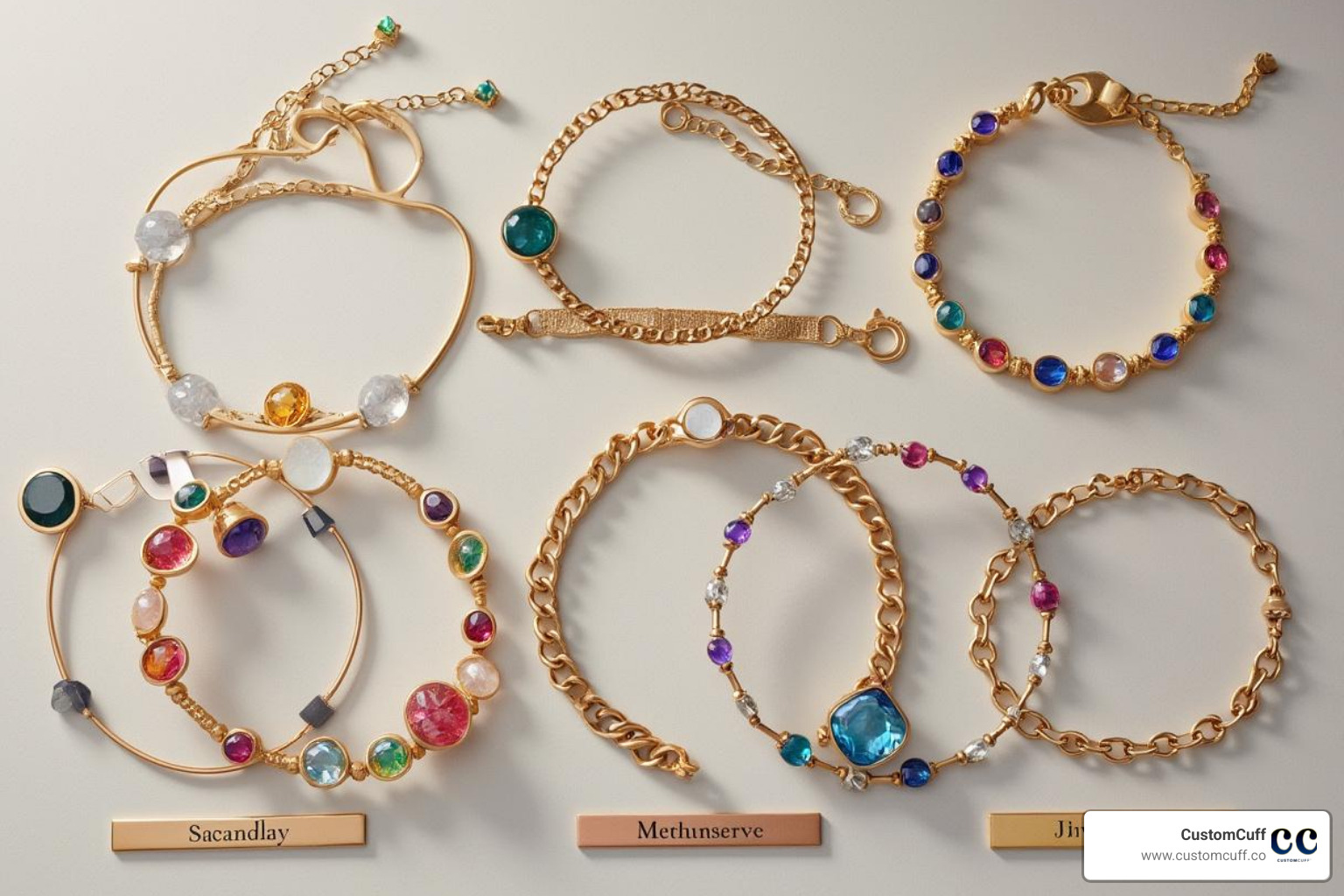 Flat lay of personalized birthstone bracelet styles - engraved birthstone bracelet