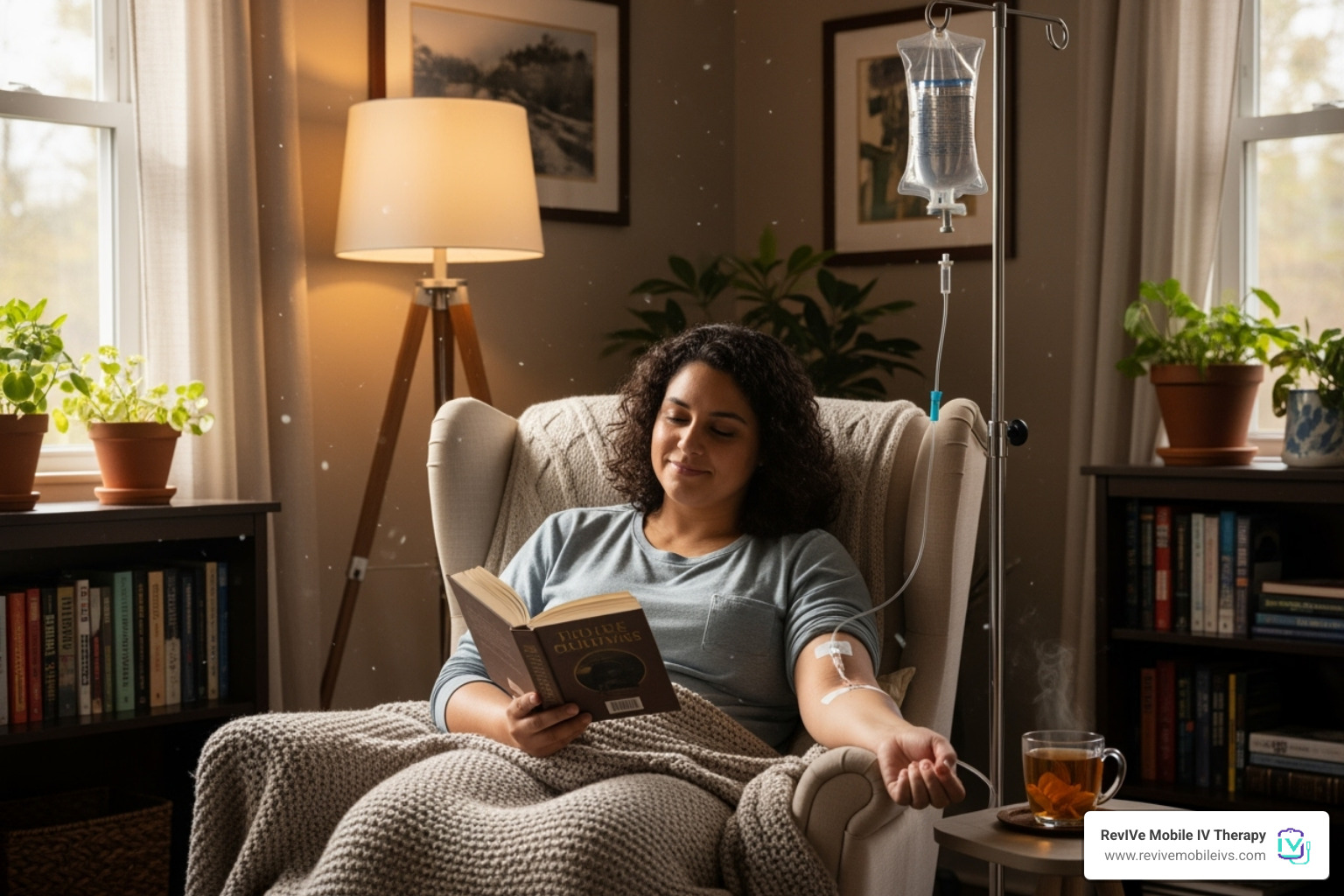 A person enjoying a hobby at home while receiving an IV infusion - home iv infusion services for chronic conditions
