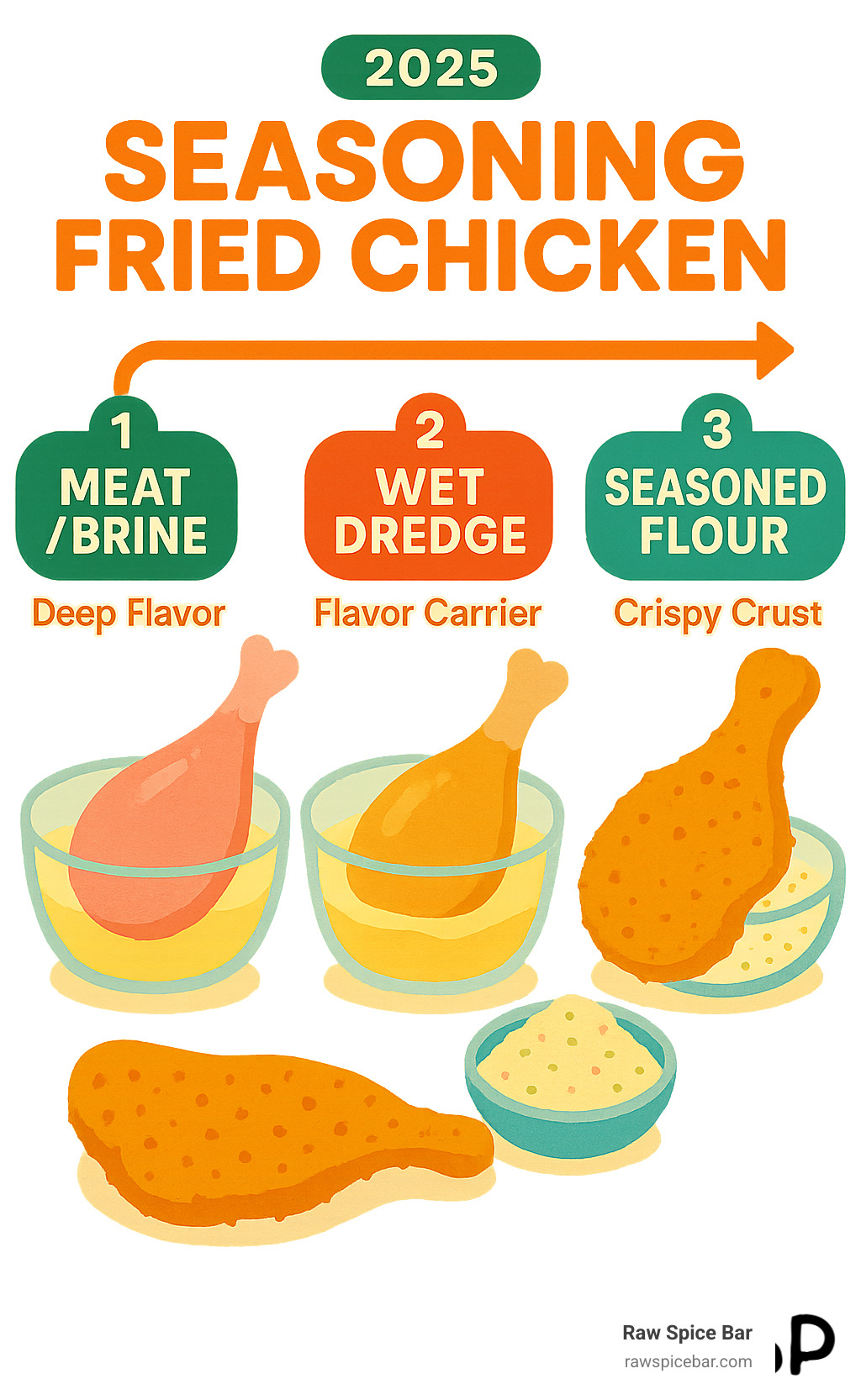 Infographic detailing the 3 key stages of seasoning fried chicken: the meat/brine for deep flavor penetration, the wet dredge (like buttermilk or egg wash) as a flavor carrier, and the seasoned flour dredge for the crispy, flavorful crust. - Poultry seasoning for fried chicken infographic 