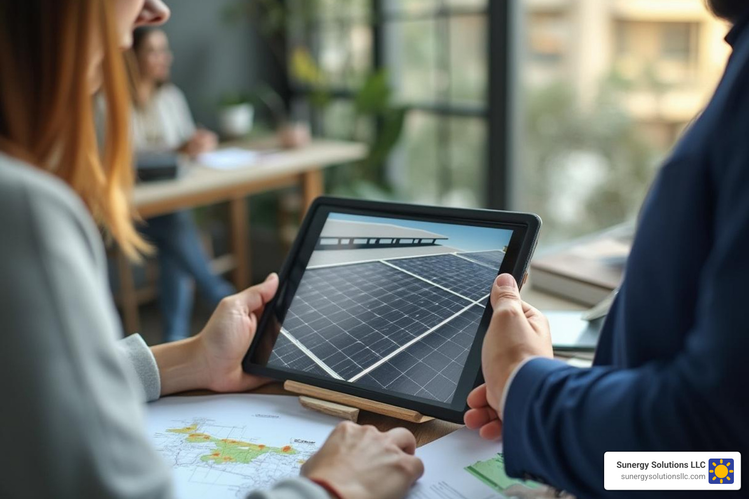 solar consultant showing a tablet with a solar design to a business owner in an office - commercial solar companies in massachusetts solar consultant showing a tablet with a solar design to a business owner in an office - commercial solar companies in massachusetts