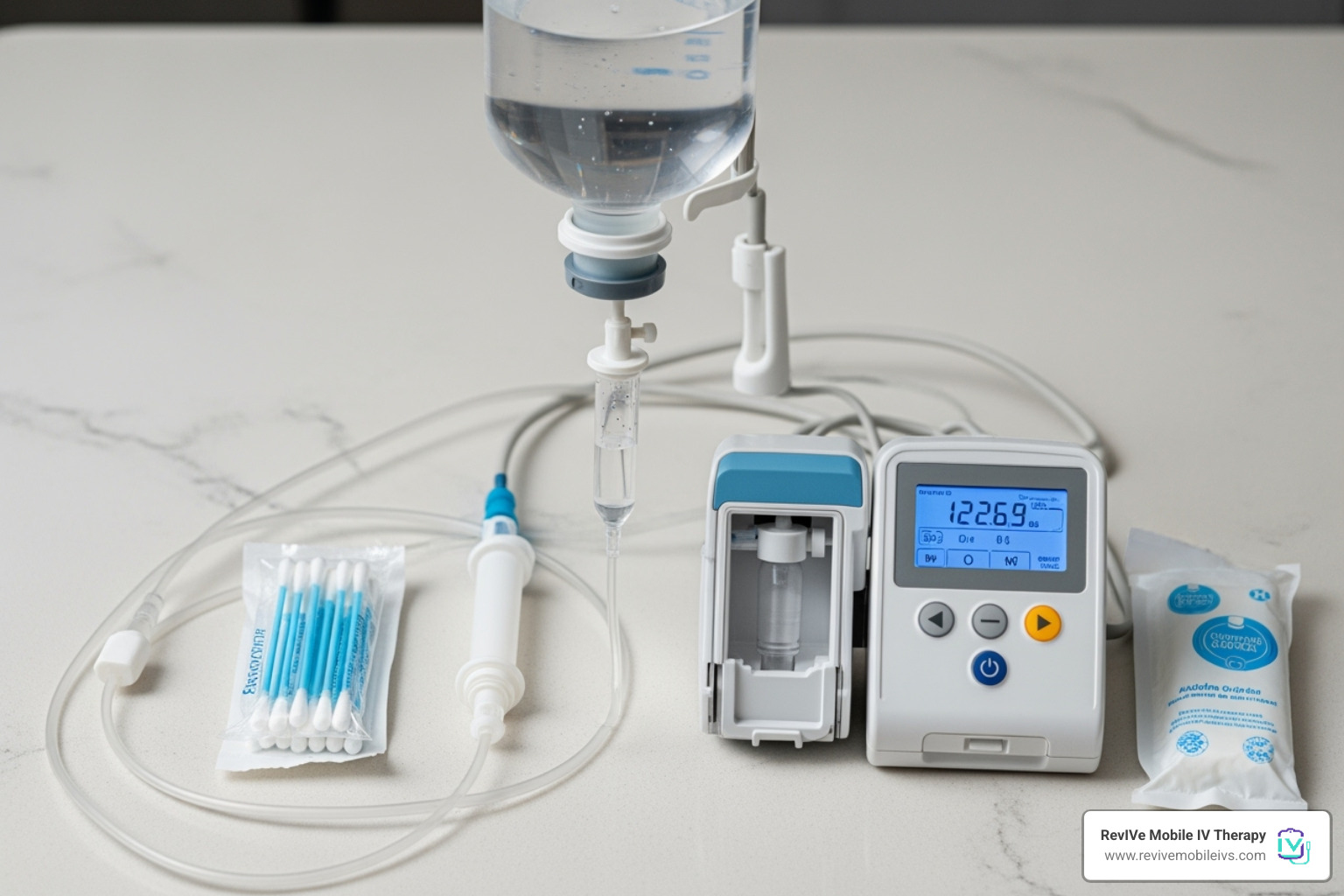 Neatly organized home infusion supplies (IV bag, tubing, pump, alcohol swabs, etc.) - home iv infusion services for chronic conditions