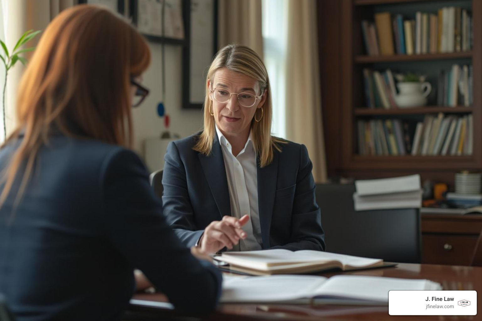 A lawyer speaking with a client in a professional office setting - Philadelphia injury law firm