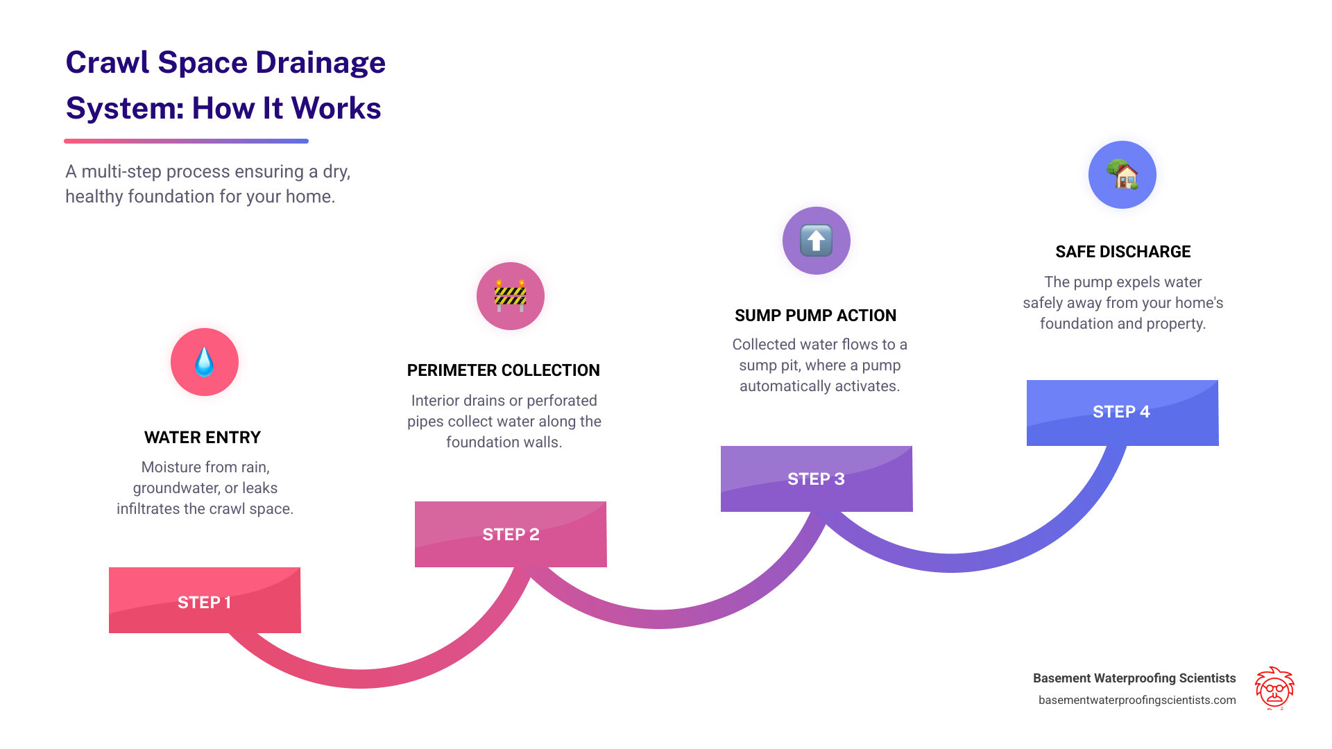 Infographic illustrating a crawl space drainage system, showing water entering the crawl space, being collected by perimeter drains, directed to a sump pump, and then discharged outside, with text highlighting its importance for structural integrity, air quality, and pest prevention, similar to the initial featured snippet. - crawl space drainage systems infographic step-infographic-4-steps