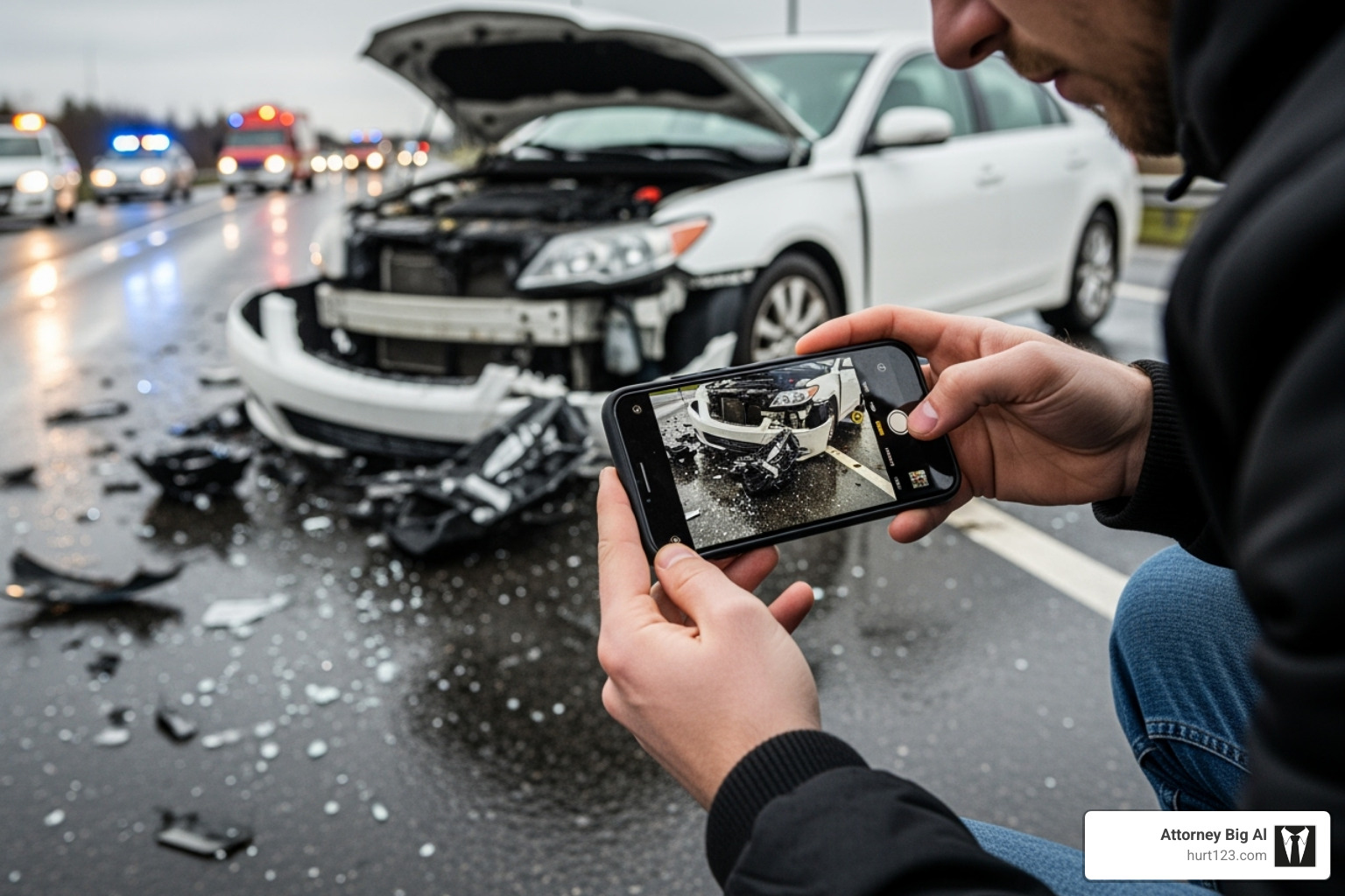 a person taking photos of car damage with their smartphone at an accident scene - truck accident a person taking photos of car damage with their smartphone at an accident scene - truck accident