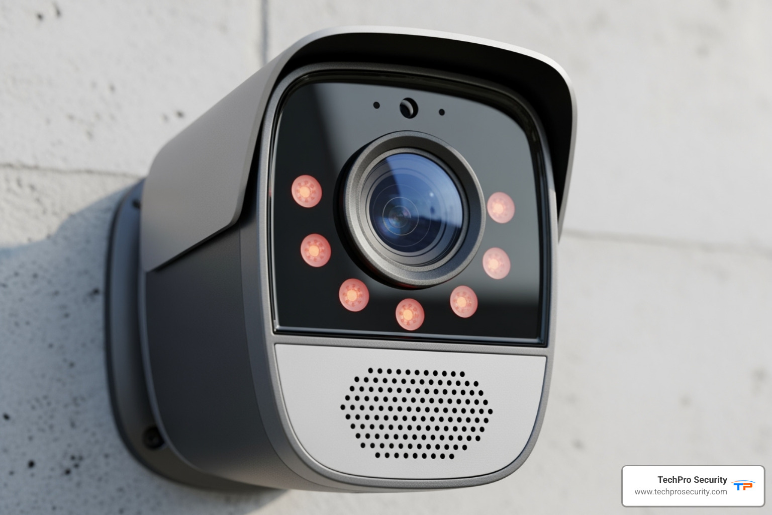 A security camera with callouts pointing to the lens, microphone, speaker, and night vision sensors. - cloud storage camera