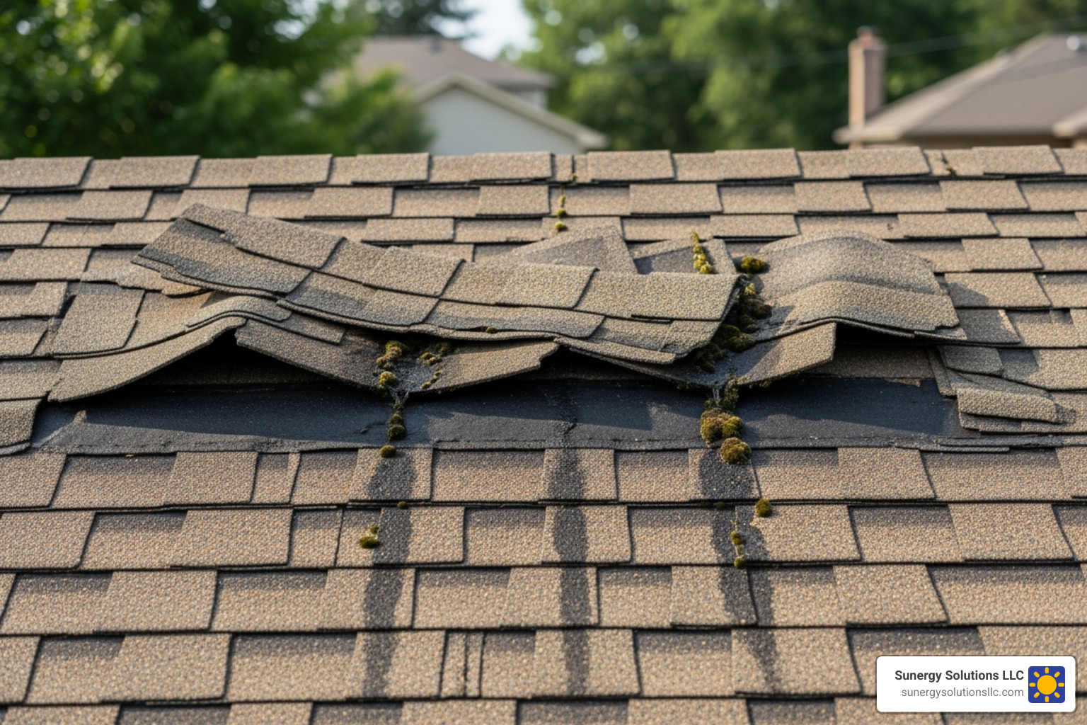 damaged asphalt shingles on a US residential roof - how to replace roof with solar panels