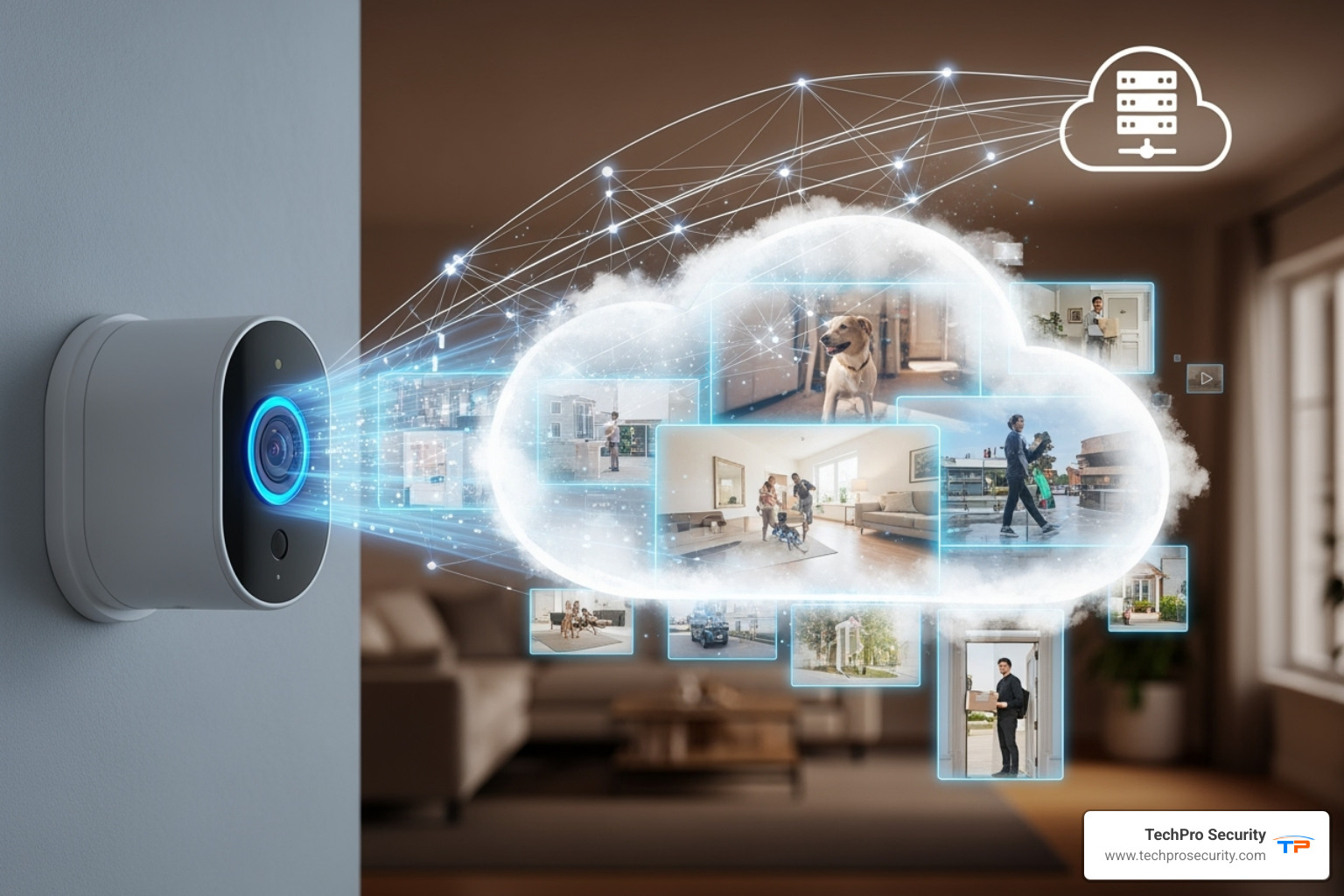 A smartphone dashboard showing integrated smart home devices including security cameras, lights, and locks. - cloud storage camera