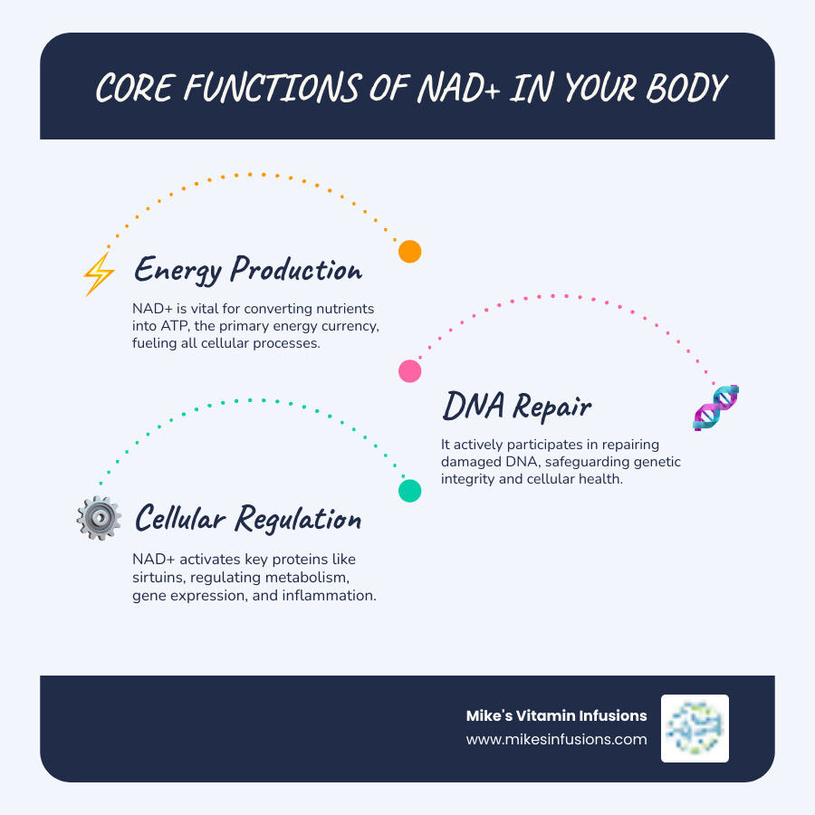 Infographic detailing the core functions of NAD+ in cellular health, illustrating its roles in energy production, DNA repair, and gene regulation, along with key benefits like improved energy, improved cognitive function, and anti-aging effects. - nad iv infographic infographic-line-3-steps-blues-accent_colors