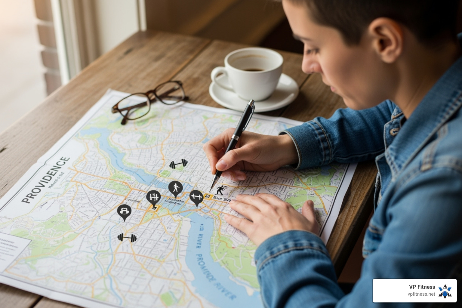 Person looking at a map of Providence with gym icons - gym providence ri