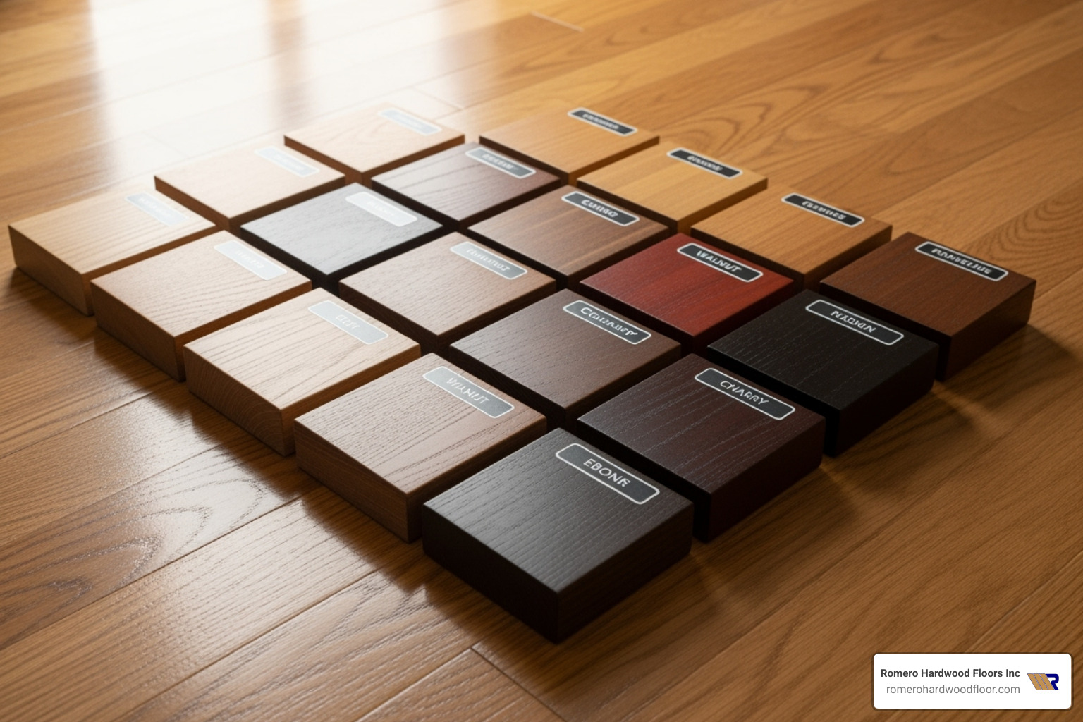 various wood stain samples on an oak floor - best floor stain with varnish for hardwood floors