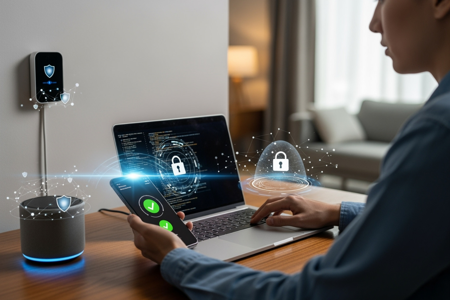 A person securing their smartphone, laptop, and smart home devices, emphasizing digital protection - cybersecurity tip of the week