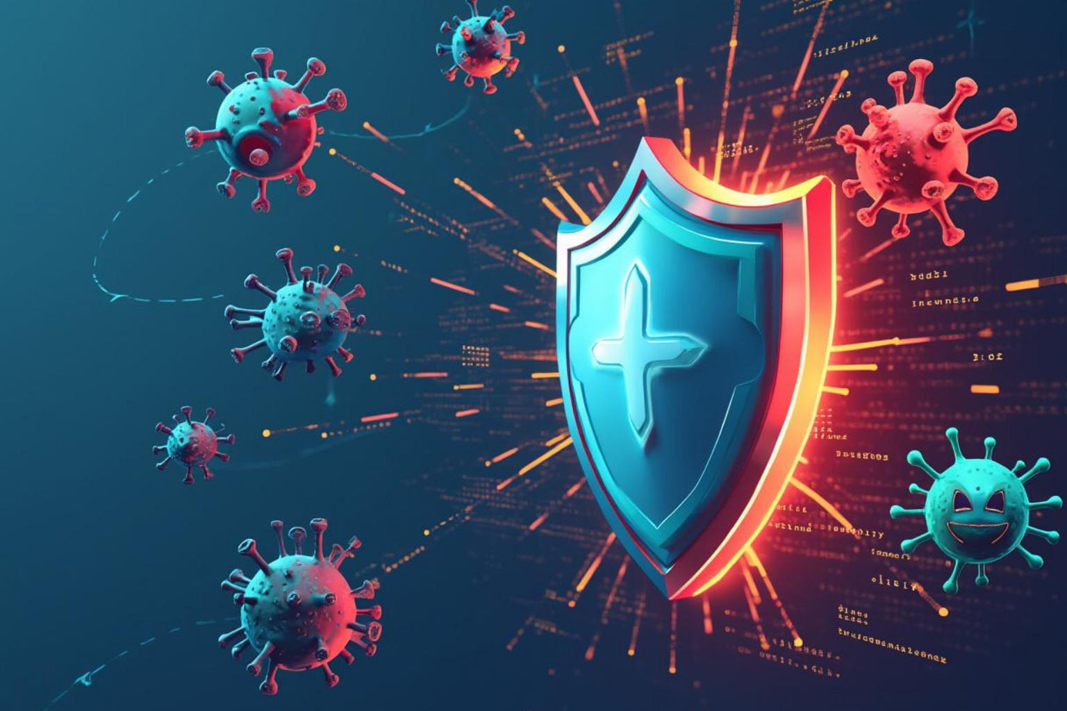 A shield deflecting digital threats like phishing hooks and viruses, symbolizing protection - cybersecurity tip of the week