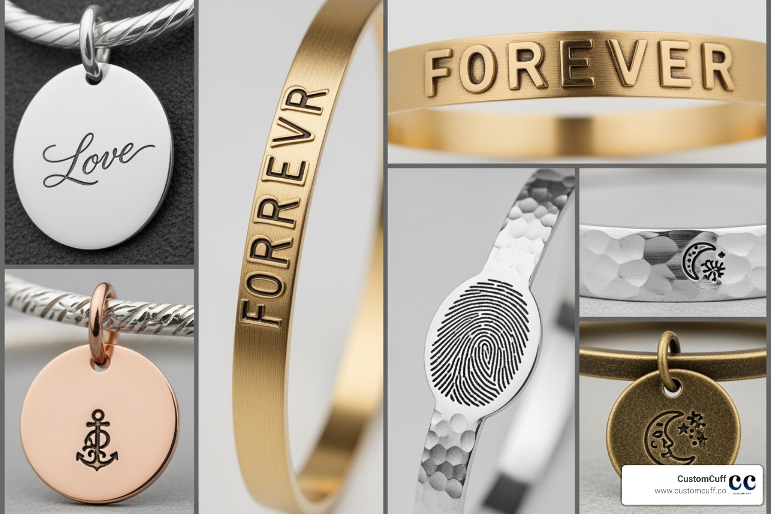 collage showcasing different engraving styles - engraved bracelet for girlfriend