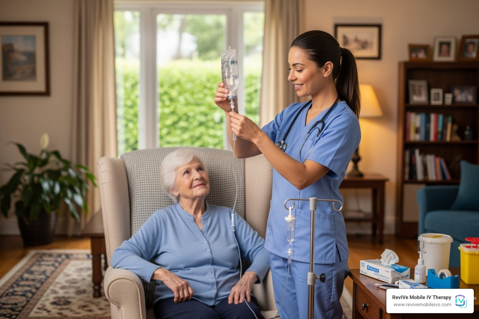 Friendly nurse preparing an IV bag in a home setting - IV therapy detox