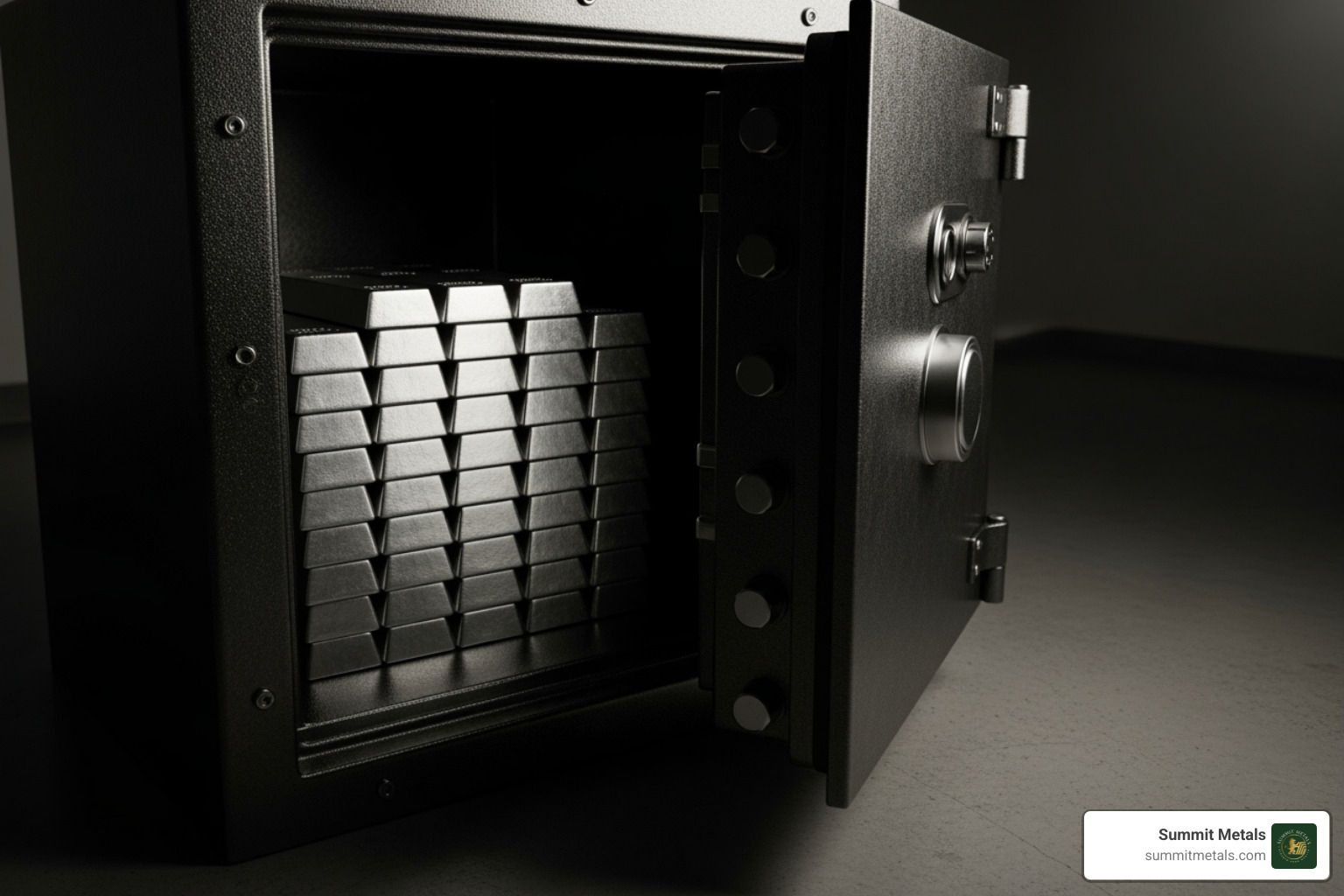 high-quality, bolted-down home safe partially open to show neatly stacked silver bars - best way to store silver bars