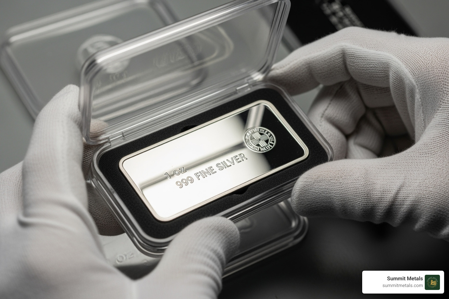 person wearing cotton gloves carefully placing a silver bar into a protective capsule - best way to store silver bars