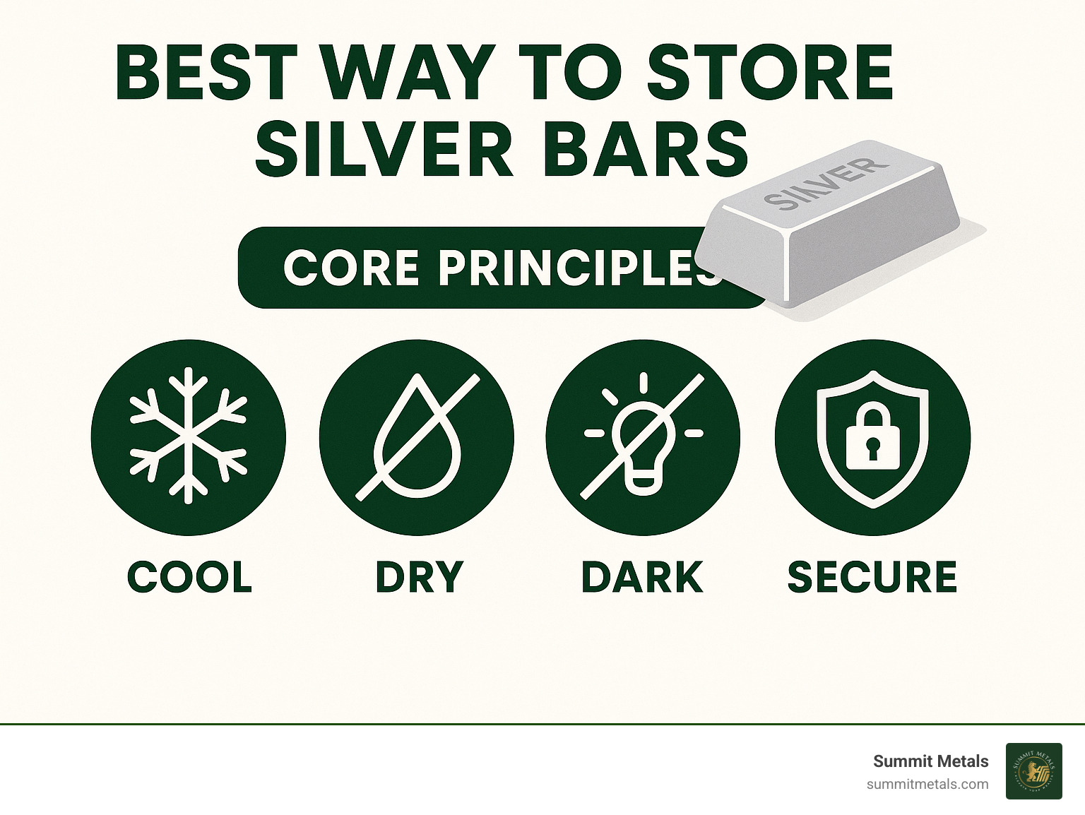 infographic explaining the core principles of silver storage: Cool, Dry, Dark, and Secure - best way to store silver bars infographic 