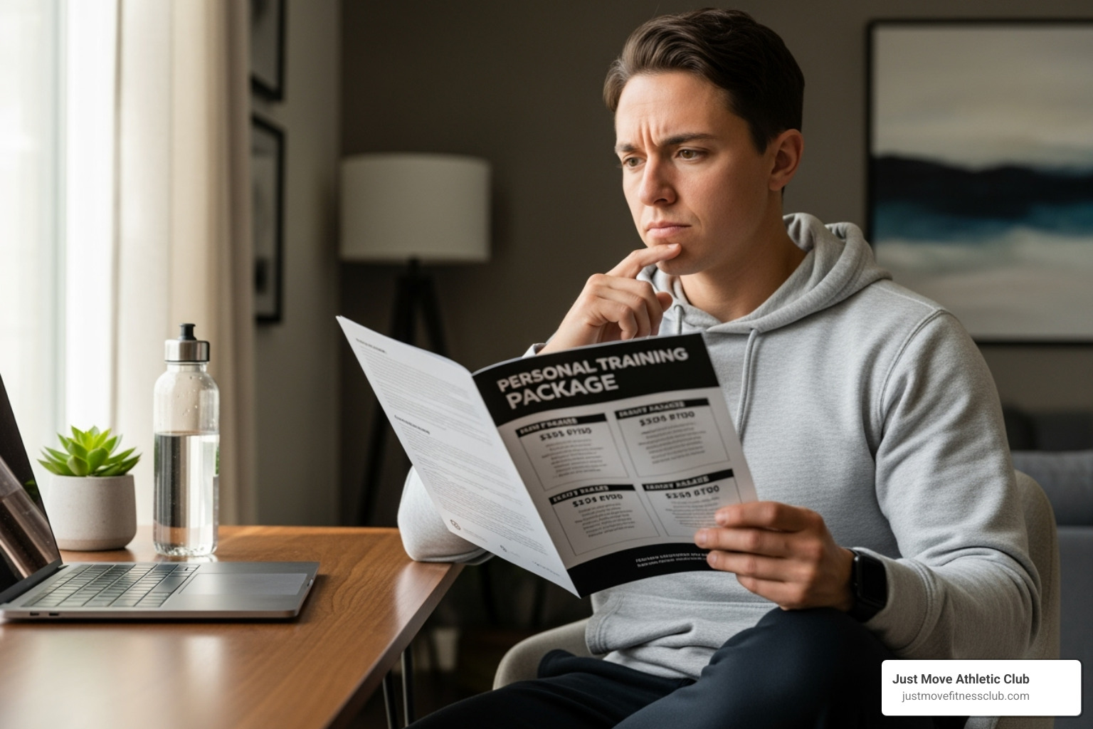 A person looking thoughtfully at a personal training package brochure, considering their options. - private personal training sessions A person looking thoughtfully at a personal training package brochure, considering their options. - private personal training sessions