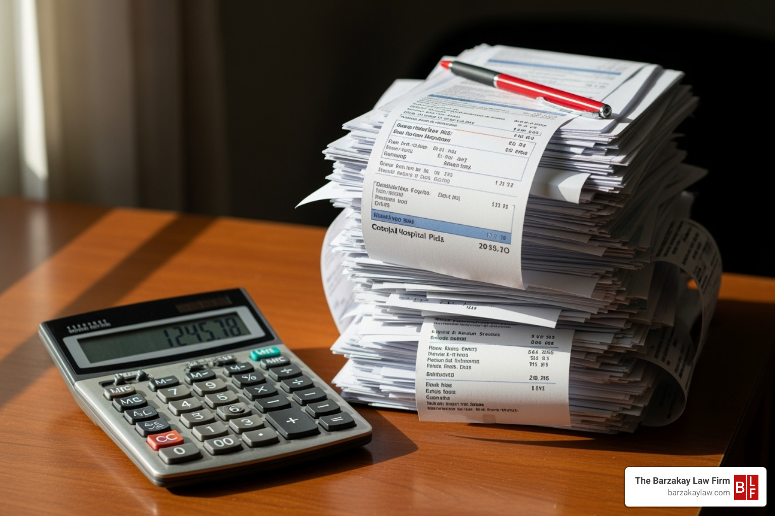 a calculator and medical bills on a desk - lyft hit and run