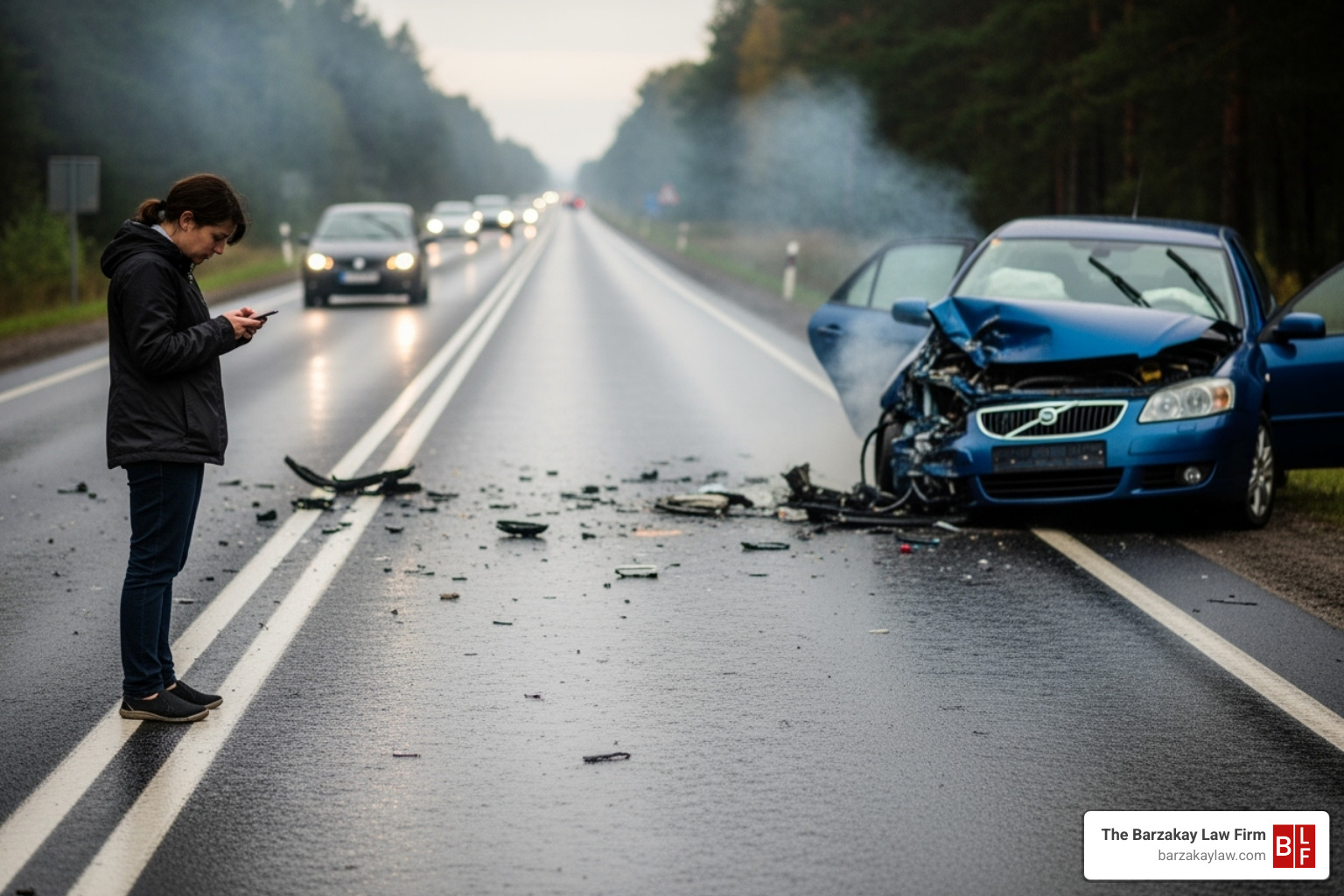 a person on their phone by the side of the road, with a damaged car in the background - lyft hit and run