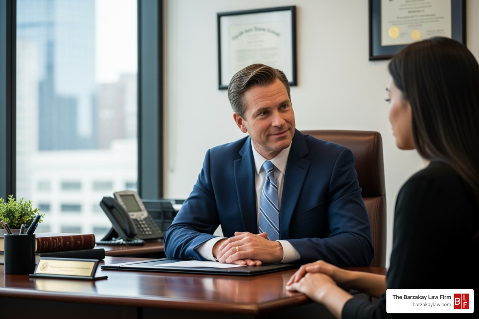 a lawyer speaking compassionately with a client in an office setting - lyft hit and run