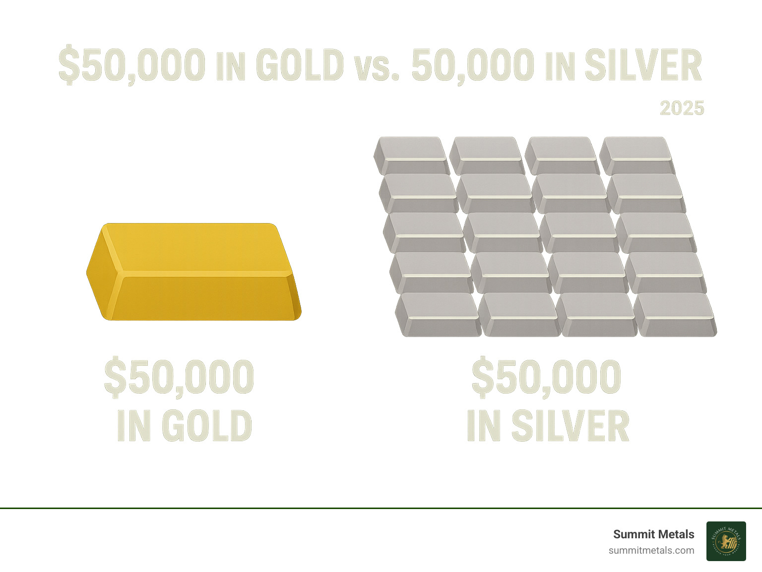 infographic comparing the physical size of $50,000 in gold vs. $50,000 in silver - best way to store silver bars infographic 