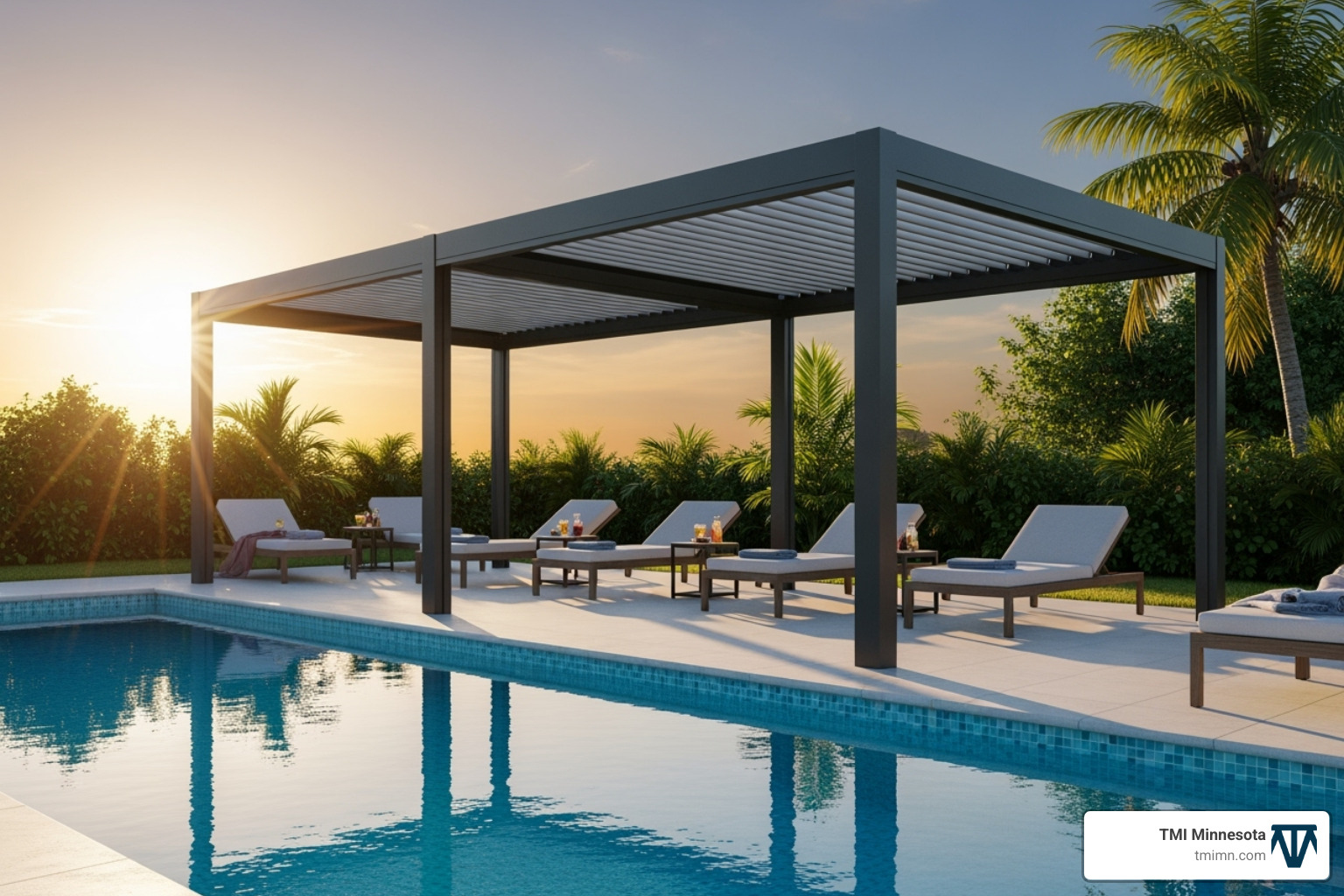 Sleek, freestanding aluminum louvered pergola next to a pool - louvered pergola Sleek, freestanding aluminum louvered pergola next to a pool - louvered pergola