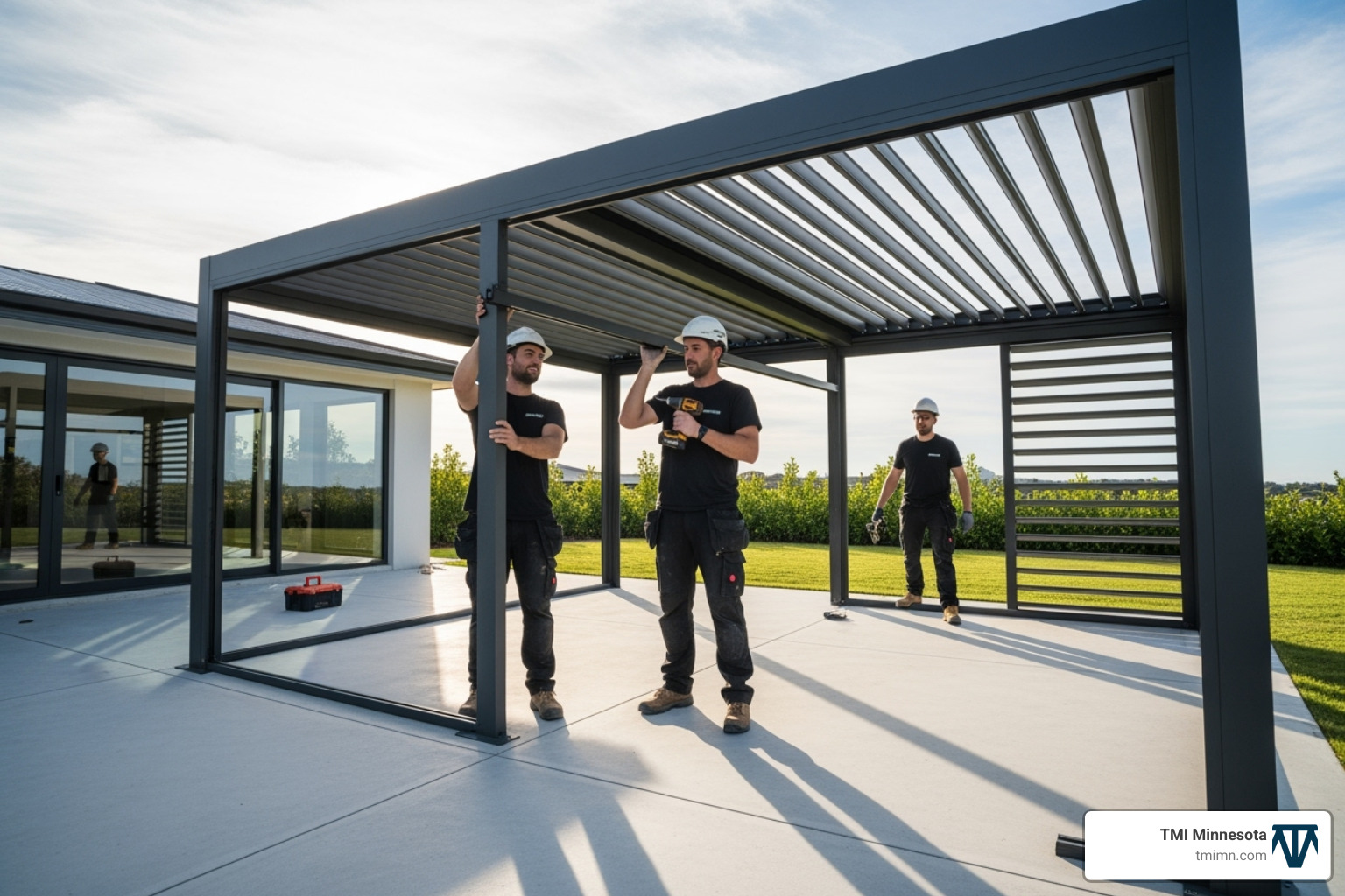 professional team installing a louvered pergola frame on a concrete patio - louvered pergola professional team installing a louvered pergola frame on a concrete patio - louvered pergola