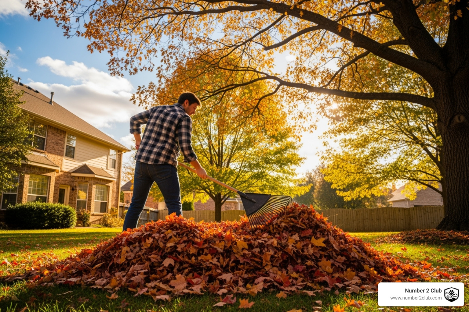 A person using a rake to gather leaves in a sunny backyard - back yard clean up