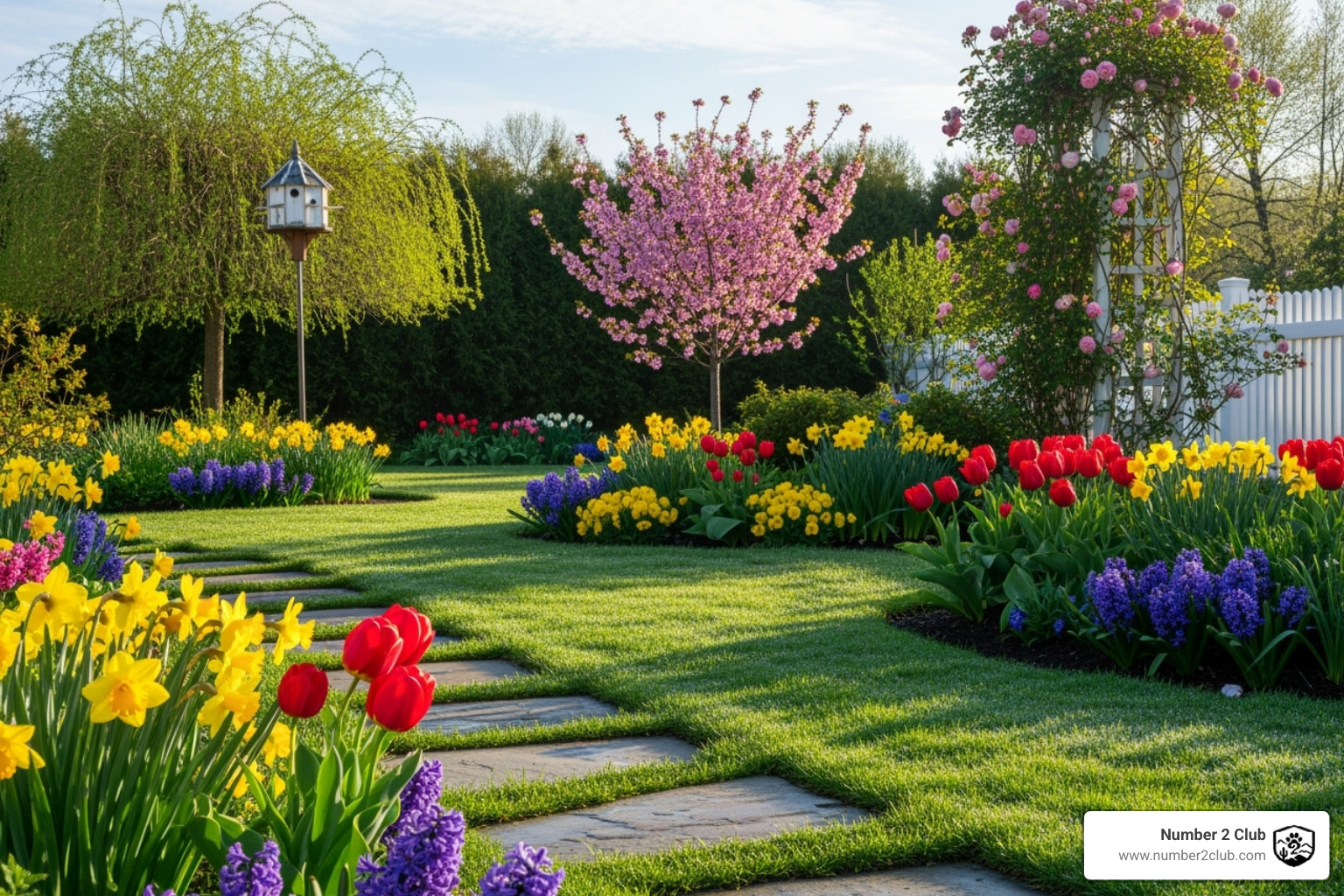 A vibrant spring yard with blooming flowers and a neatly edged lawn - back yard clean up