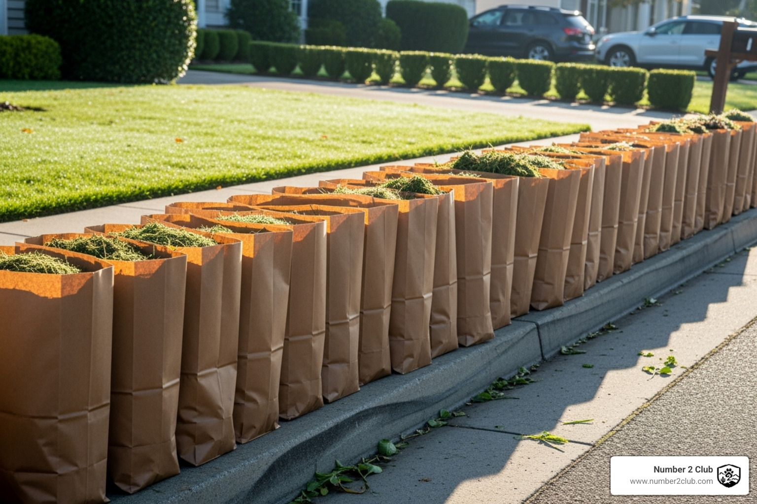 Neatly filled paper yard waste bags on a curb - back yard clean up