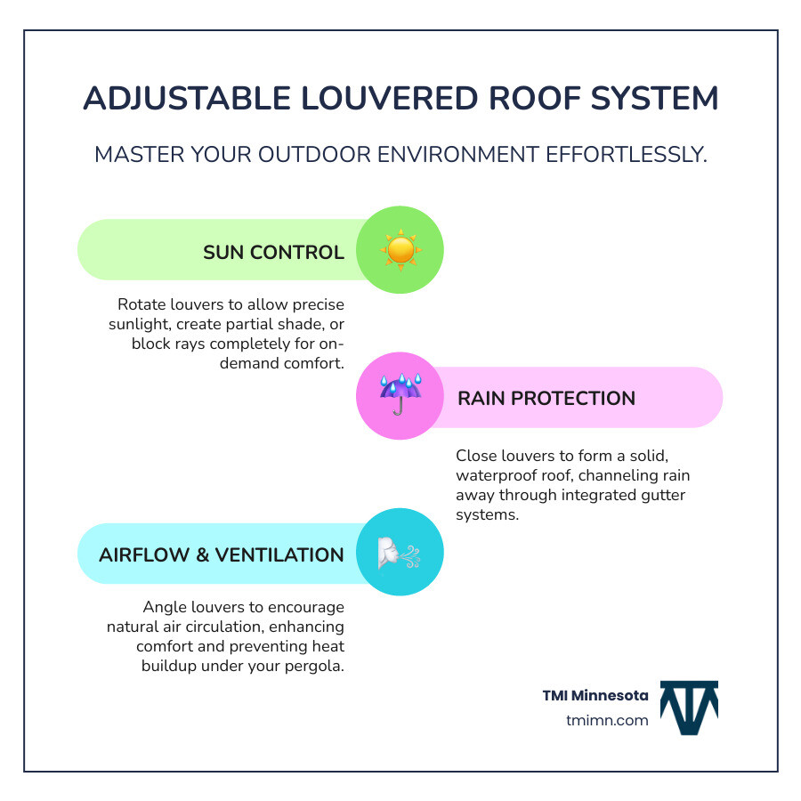 Infographic showing adjustable louvered pergola roof system with sections for sun control, rain protection, and ventilation - louvered pergola infographic infographic-line-3-steps-colors Infographic showing adjustable louvered pergola roof system with sections for sun control, rain protection, and ventilation - louvered pergola infographic infographic-line-3-steps-colors