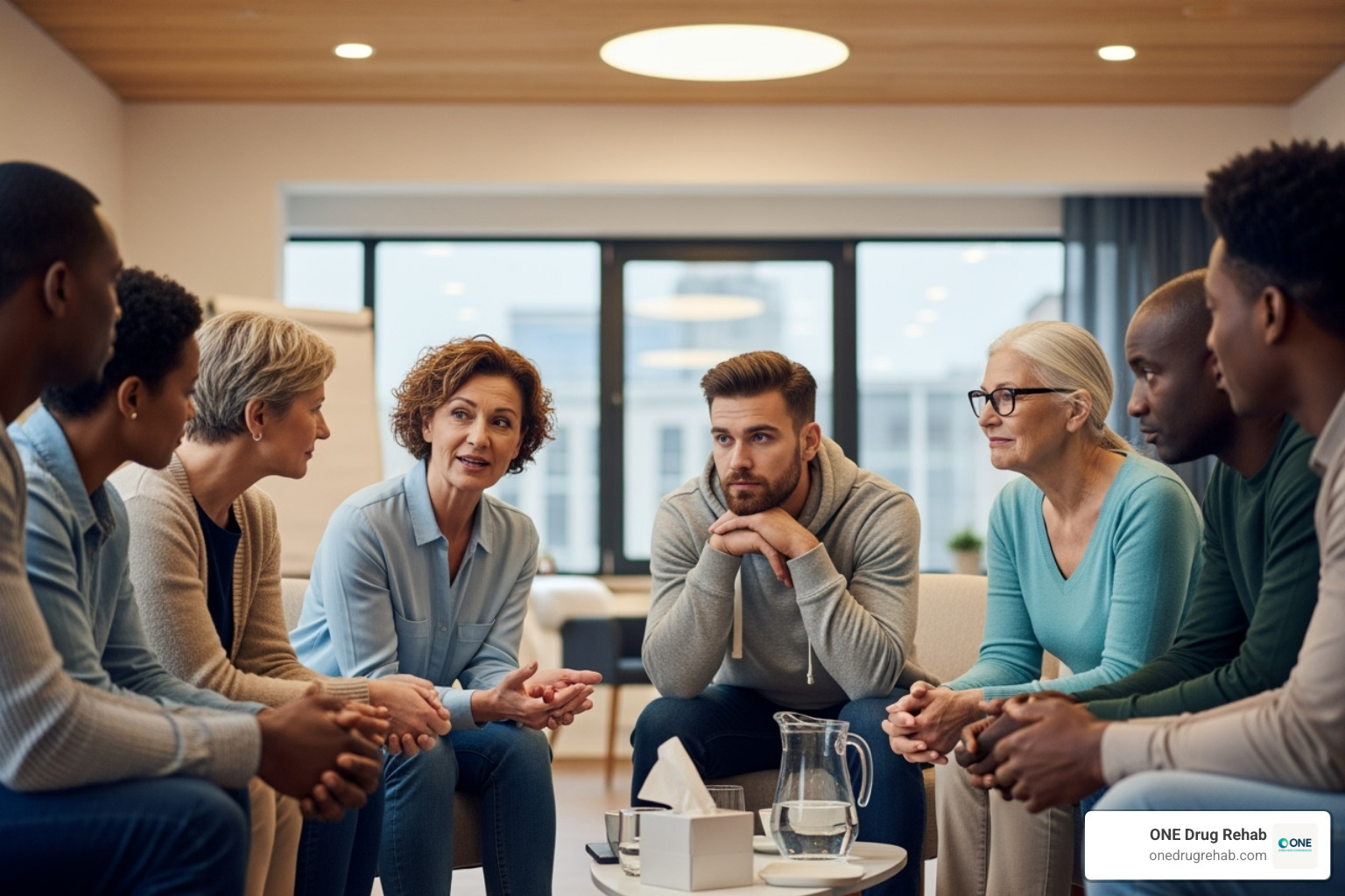 A diverse group of people sitting in a circle, engaged in a support group meeting. - addiction treatment without insurance