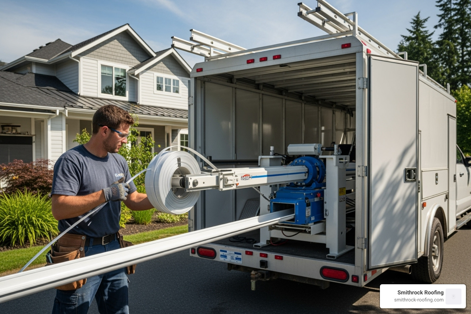 Professional installer using a seamless gutter machine on a truck - gutter installation services near me