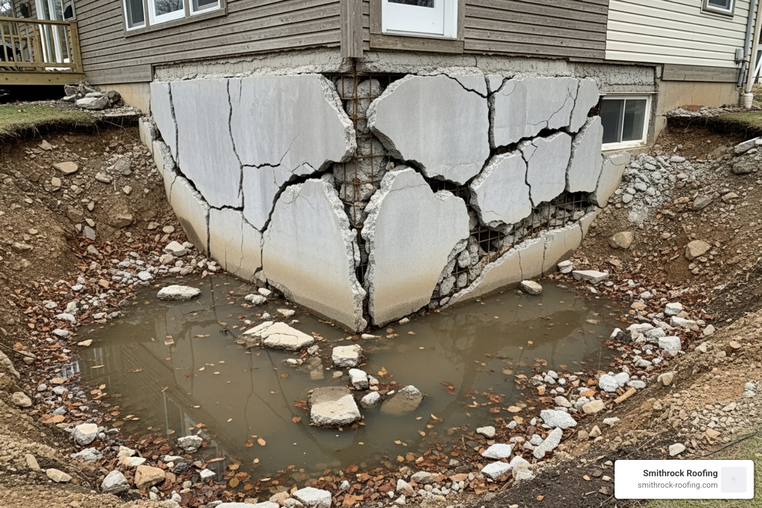 Damaged foundation with cracks due to water pooling - gutter installation services near me