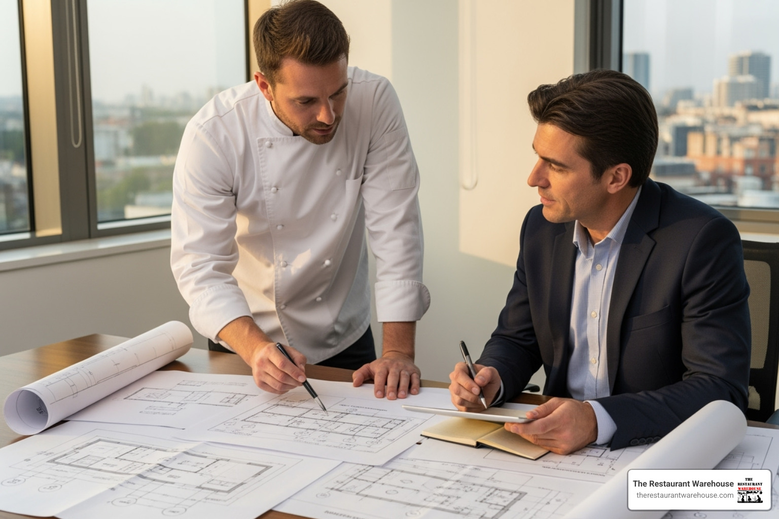 chef and supplier representative reviewing blueprints - commercial cooking equipment suppliers