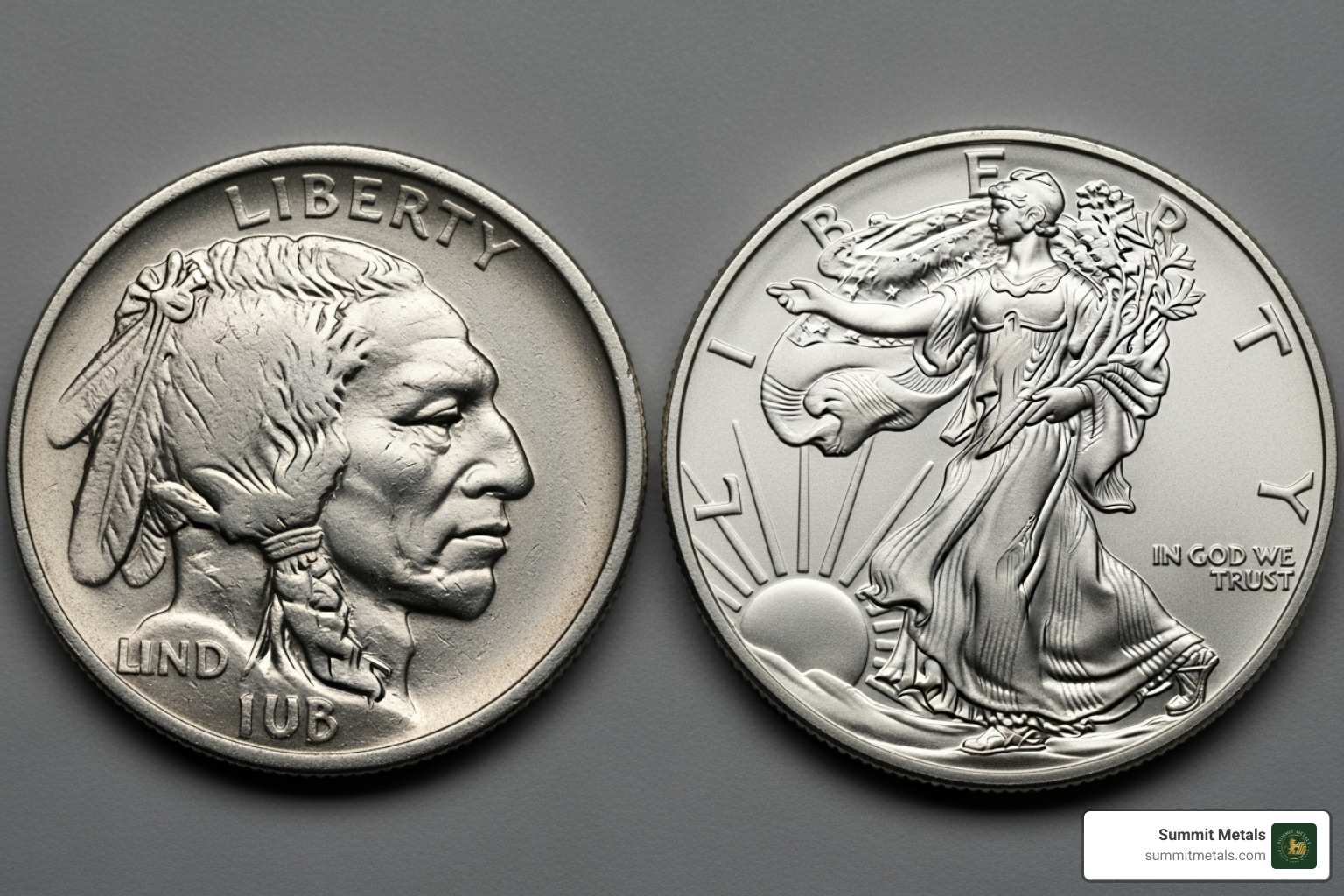 a generic silver buffalo round next to an official American Silver Eagle to show the difference - Discount silver coins