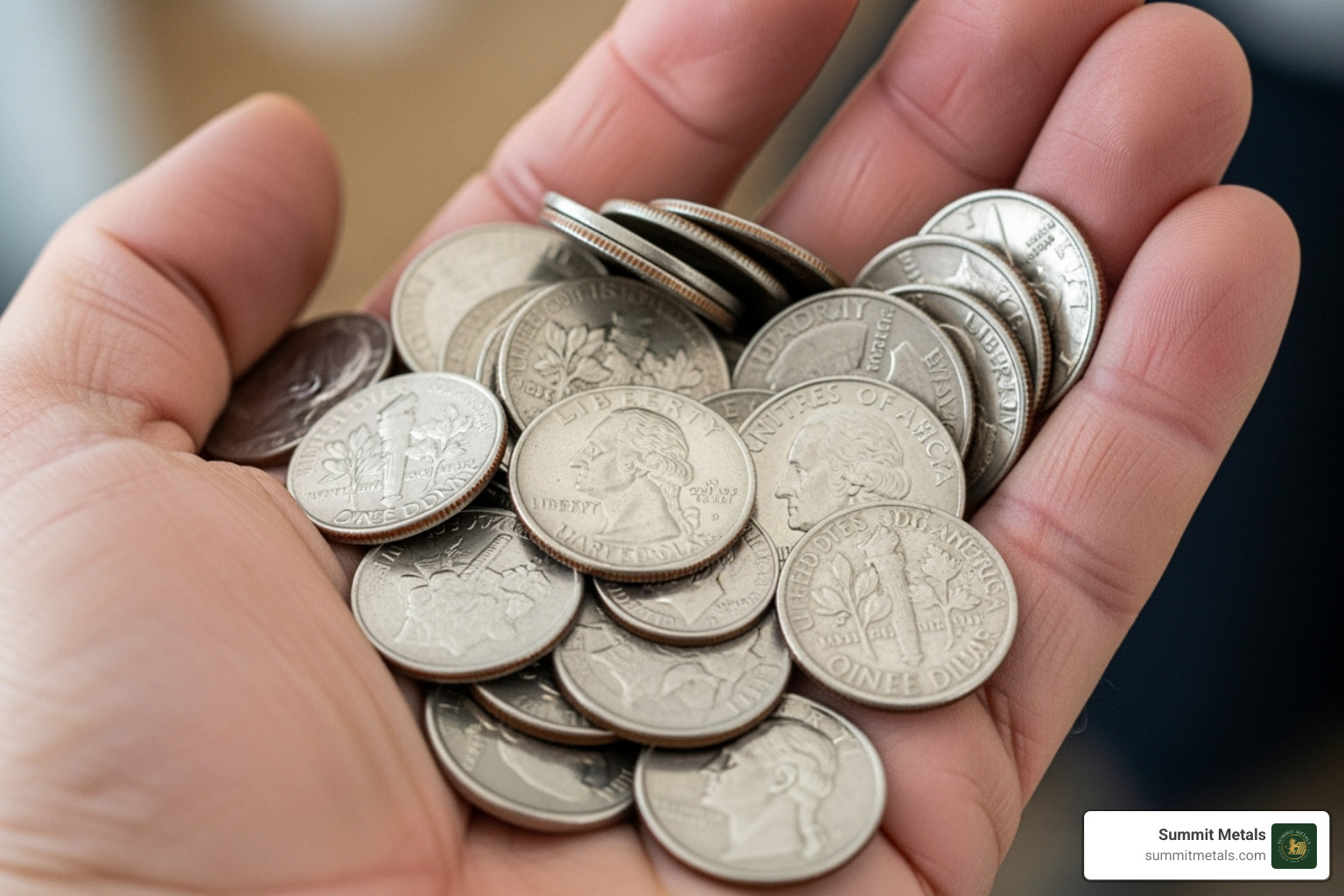 a hand holding a variety of silver coins, symbolizing a smart investment - Discount silver coins