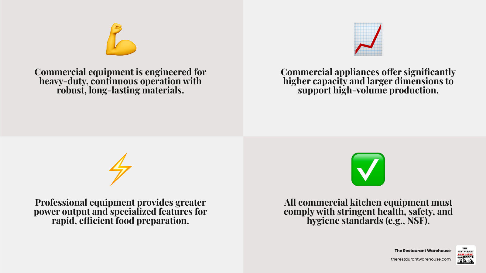 Infographic detailing the differences between commercial and residential kitchen equipment, showing commercial equipment as larger, more durable, higher capacity, and designed for continuous use, while residential equipment is smaller, aesthetically focused, and for intermittent use, highlighting differences in power, material strength (e.g., stainless steel), and specialized features for high-volume cooking. - commercial cooking equipment suppliers infographic 4_facts_emoji_grey