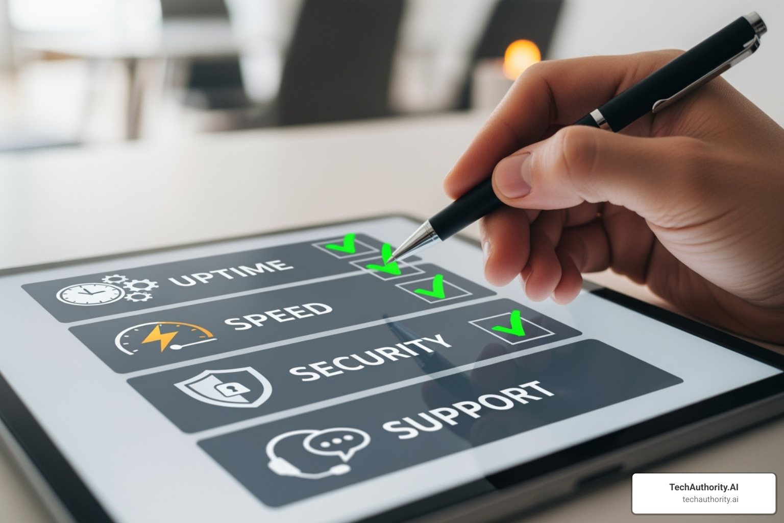 Checklist with key hosting features like Uptime, Speed, Security, and Support - How to choose hosting