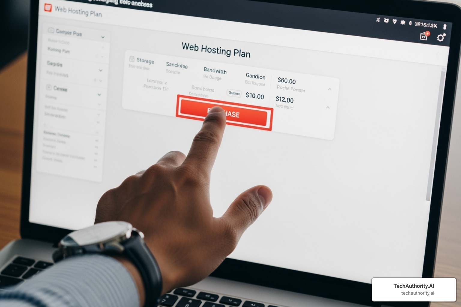 Person confidently clicking a "purchase" button on a hosting plan page - How to choose hosting