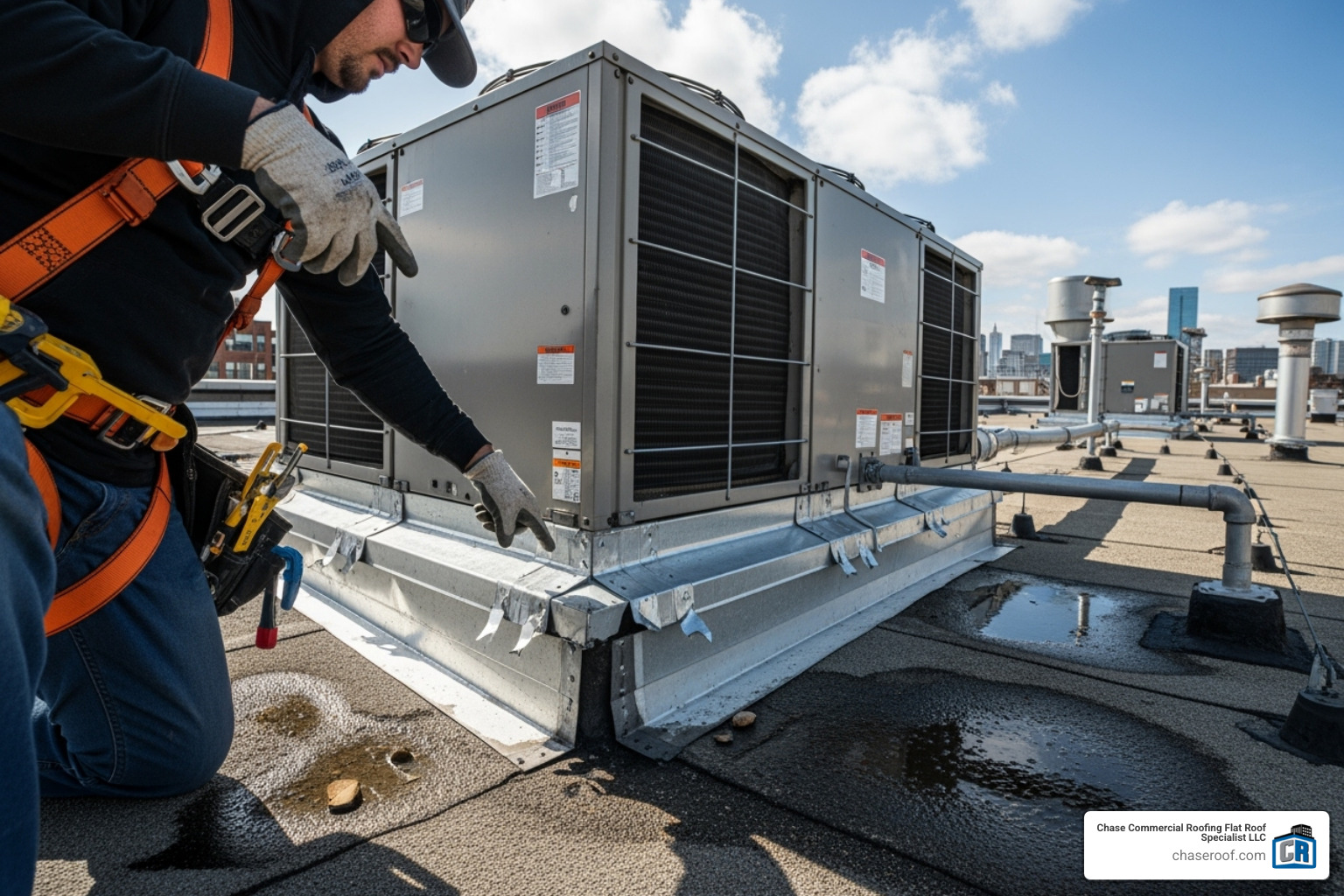 a roofer inspecting damaged flashing around a rooftop unit - roof leak repair cost east rutherford