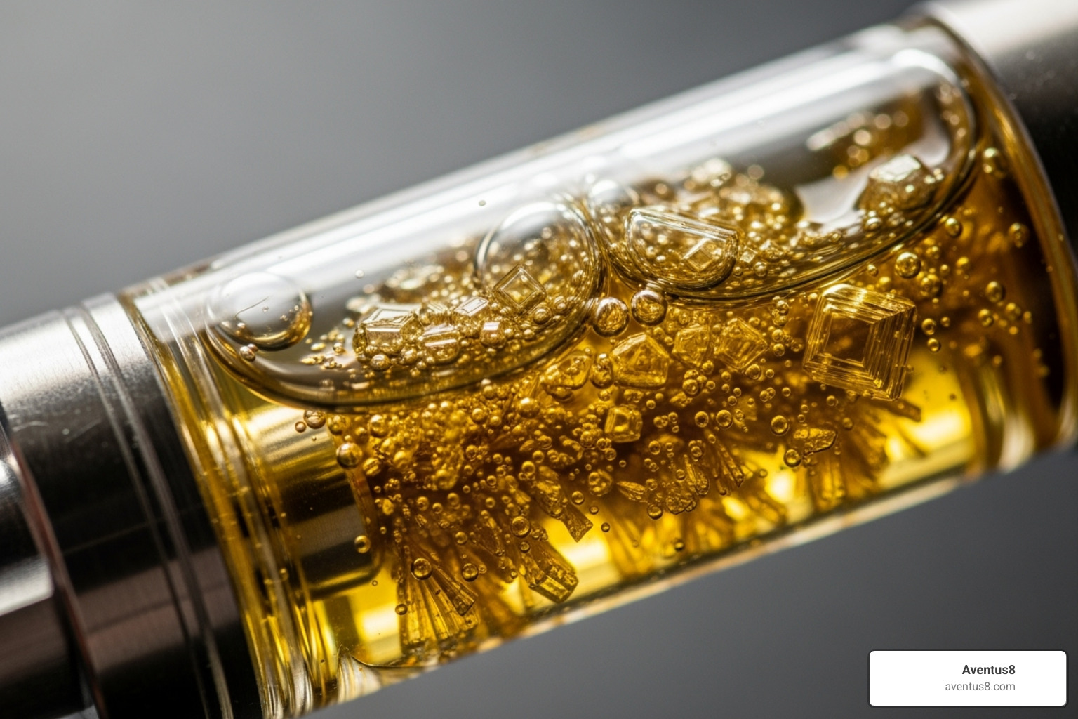 close-up of crystallized THC oil inside a vape cartridge - do disposable thc vapes expire
