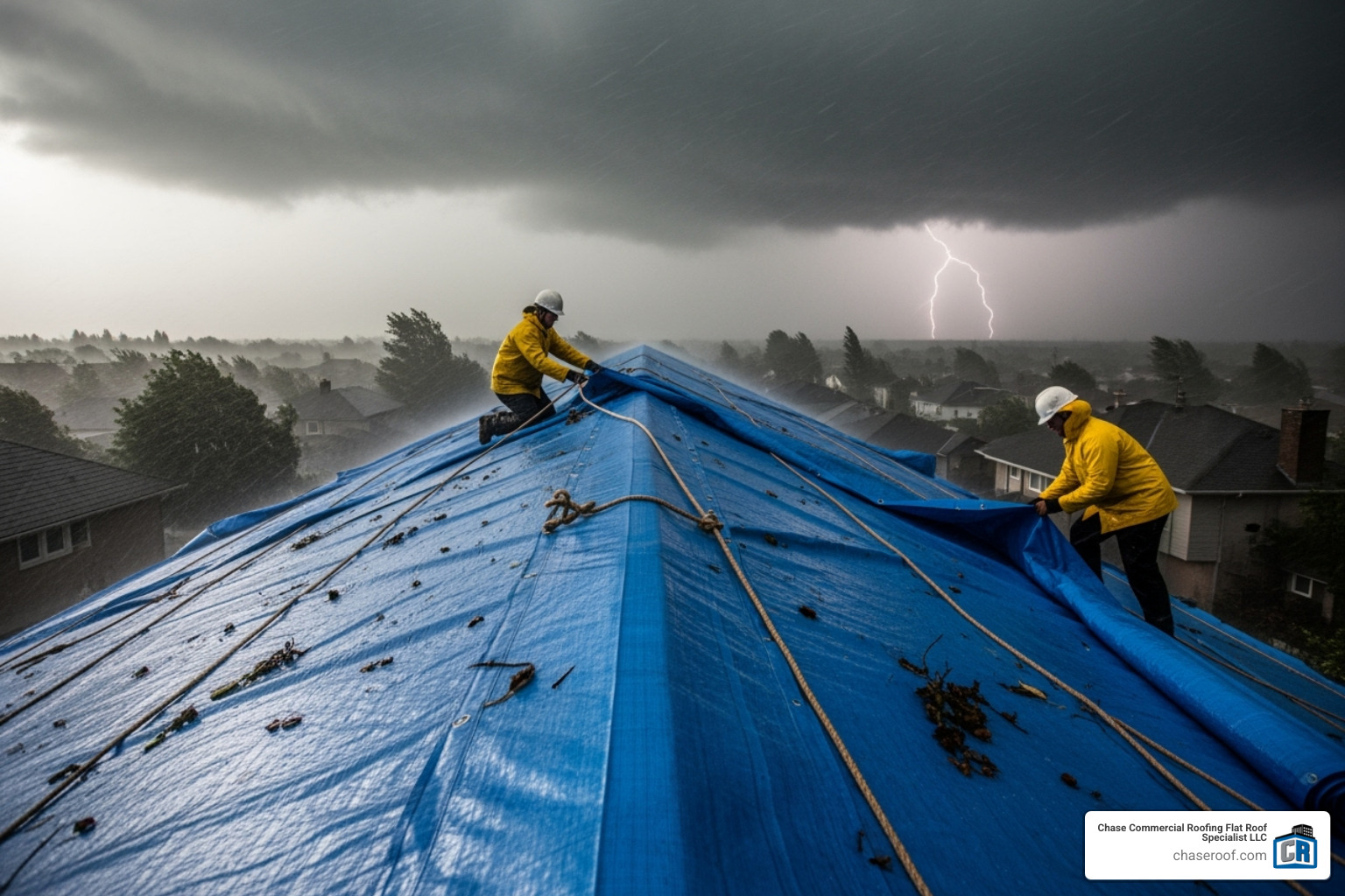 a roof being tarped during a storm - roof leak repair cost east rutherford