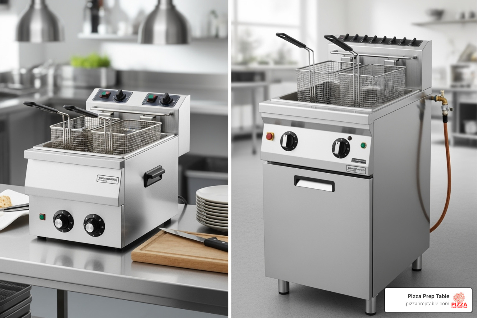 countertop fryer next to a floor model fryer to show scale - commercial fryers