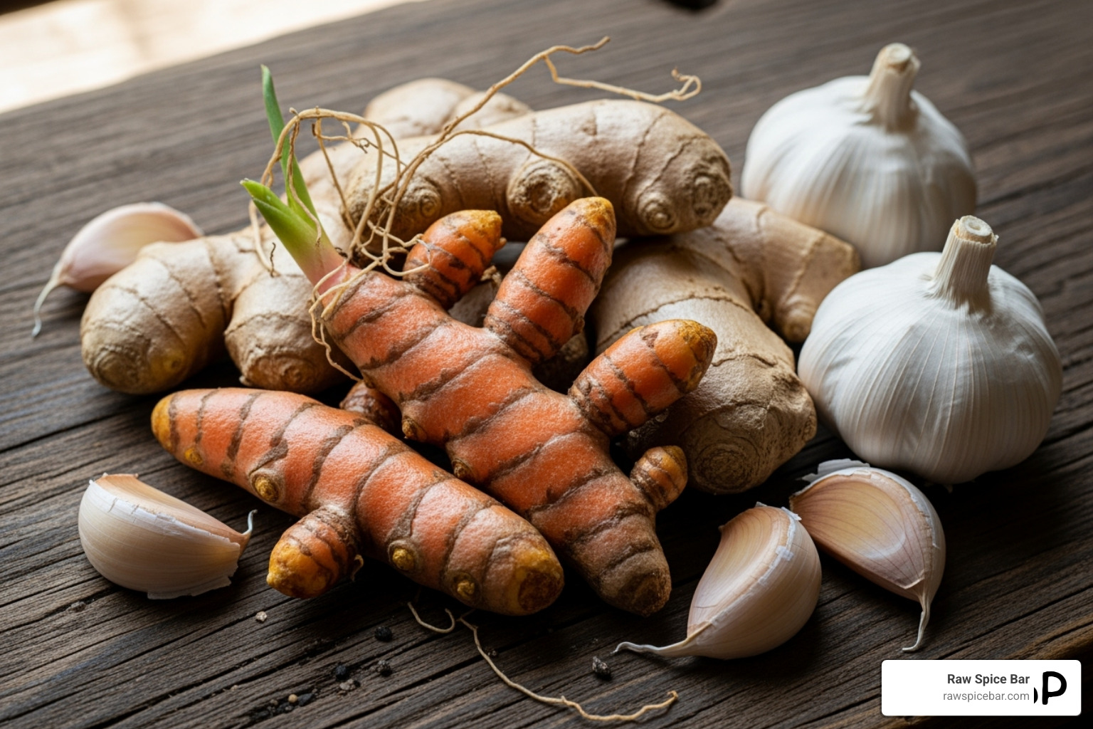 Fresh turmeric root, ginger, and garlic cloves - global spice flavors