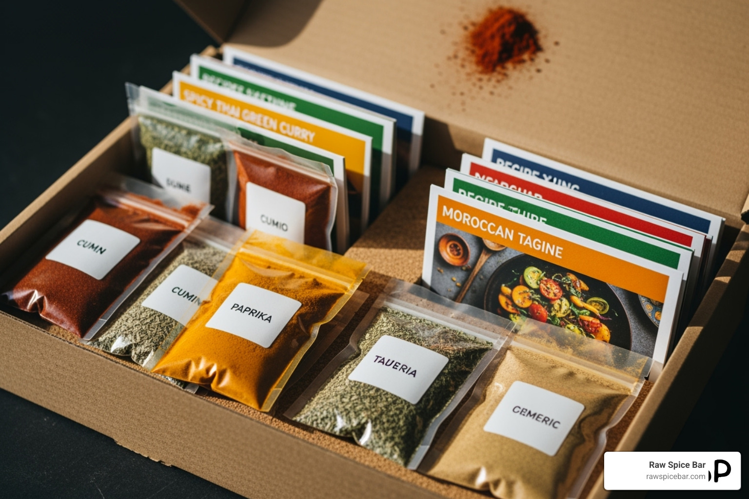 An open subscription box showing small packets of colorful spices and recipe cards - global spice flavors